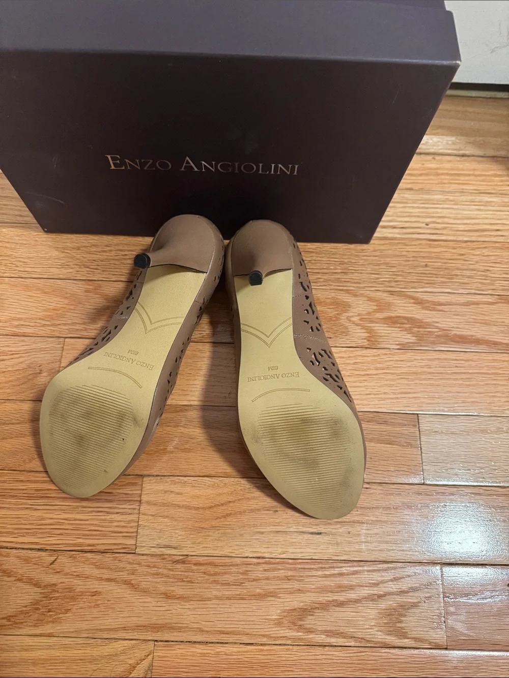 Enzo Angiolini Taupe Laser-Cut Peep-Toe Pumps - Picture 5 of 6